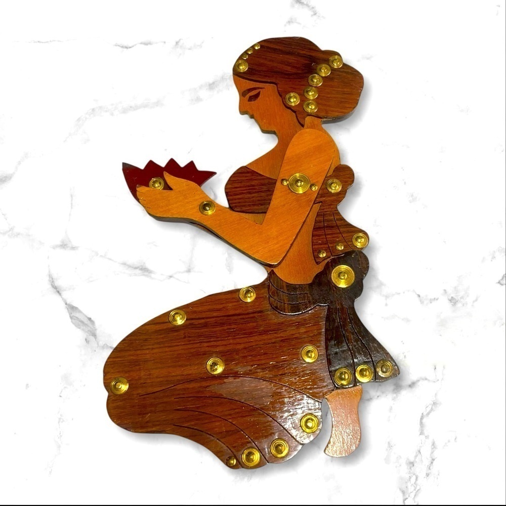 Set of 2 Handcrafted Wooden Asian Women Lotus Wall Decor Gold Accents - Picture 4 of 10
